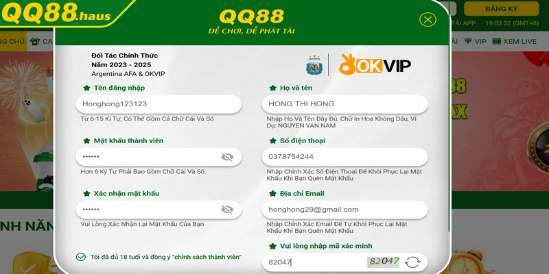Thành viên khi đăng ký QQ88 hãy cung cấp thông tin đủ và chính xác