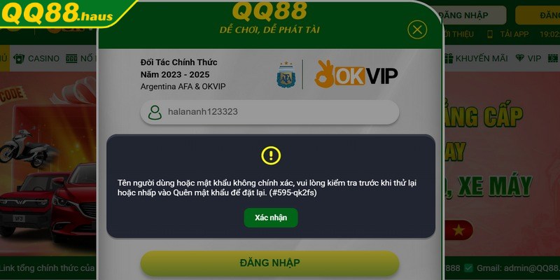 Nếu sai thông tin thì người chơi truy cập sẽ bị hệ thống từ chối