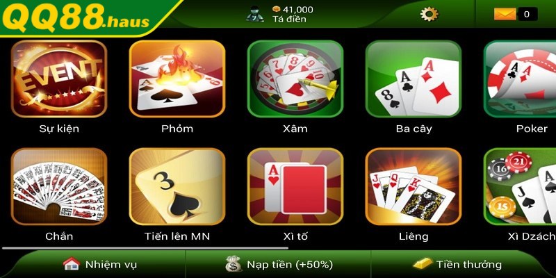 QQ88 mang đến nhiều trò chơi đánh bài cho anh em bet thủ